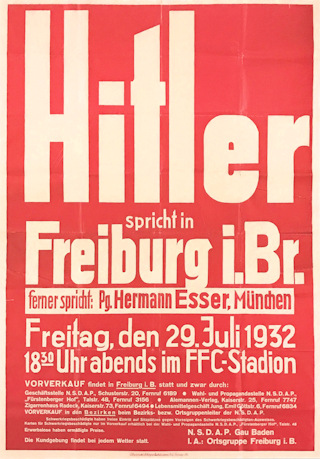Poster announcing Adolf Hitler's electoral campaign speech in Freiburg on 29 July 1932
